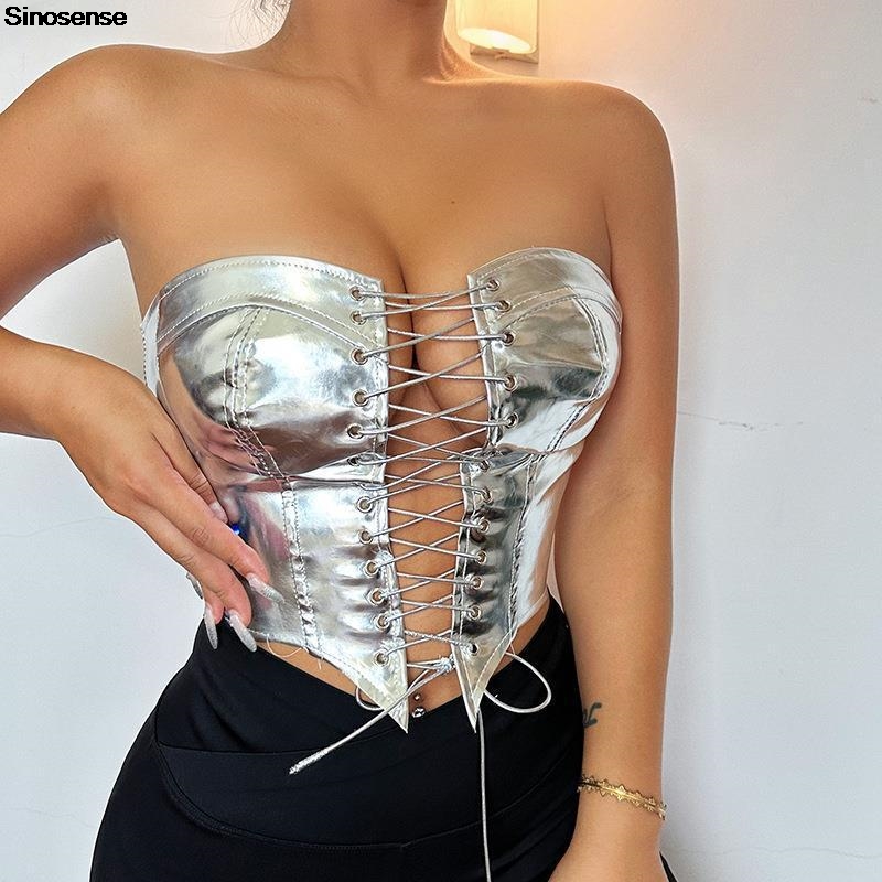 Kobiety PU Leather Bustier Cro – Strapless Bra Backless recenzja i cena